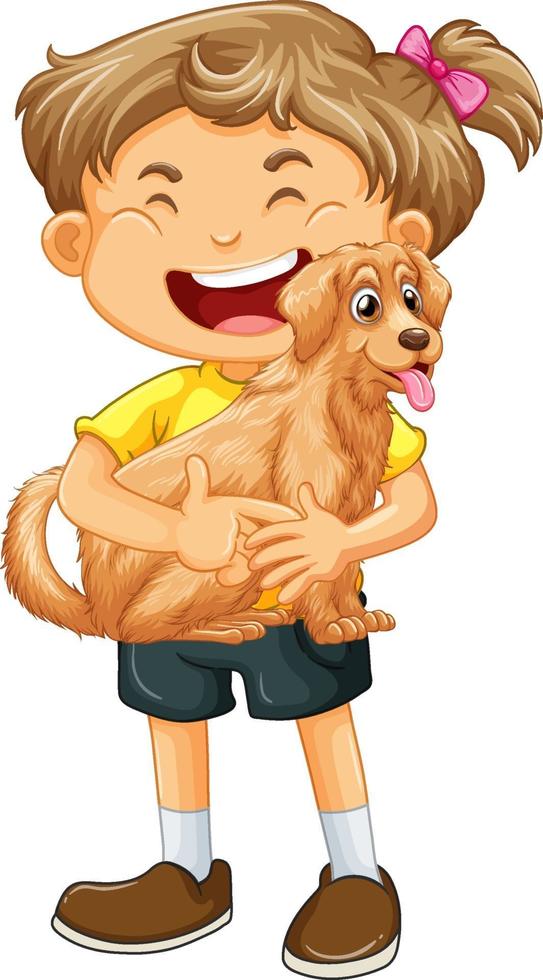 personnage de dessin animé fille heureuse étreignant un chien mignon vecteur