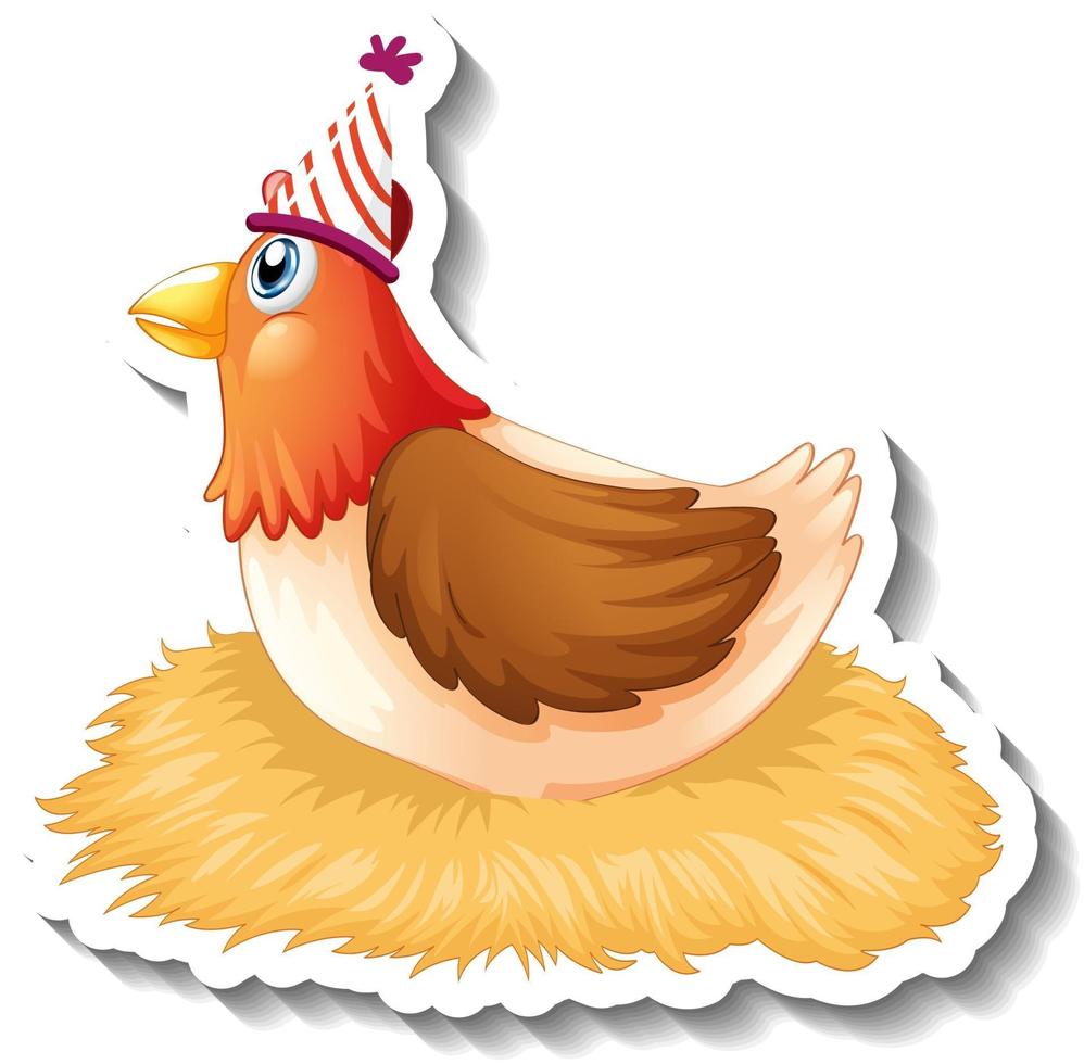 un modèle d'autocollant avec du poulet portant un personnage de dessin animé de chapeau de fête vecteur