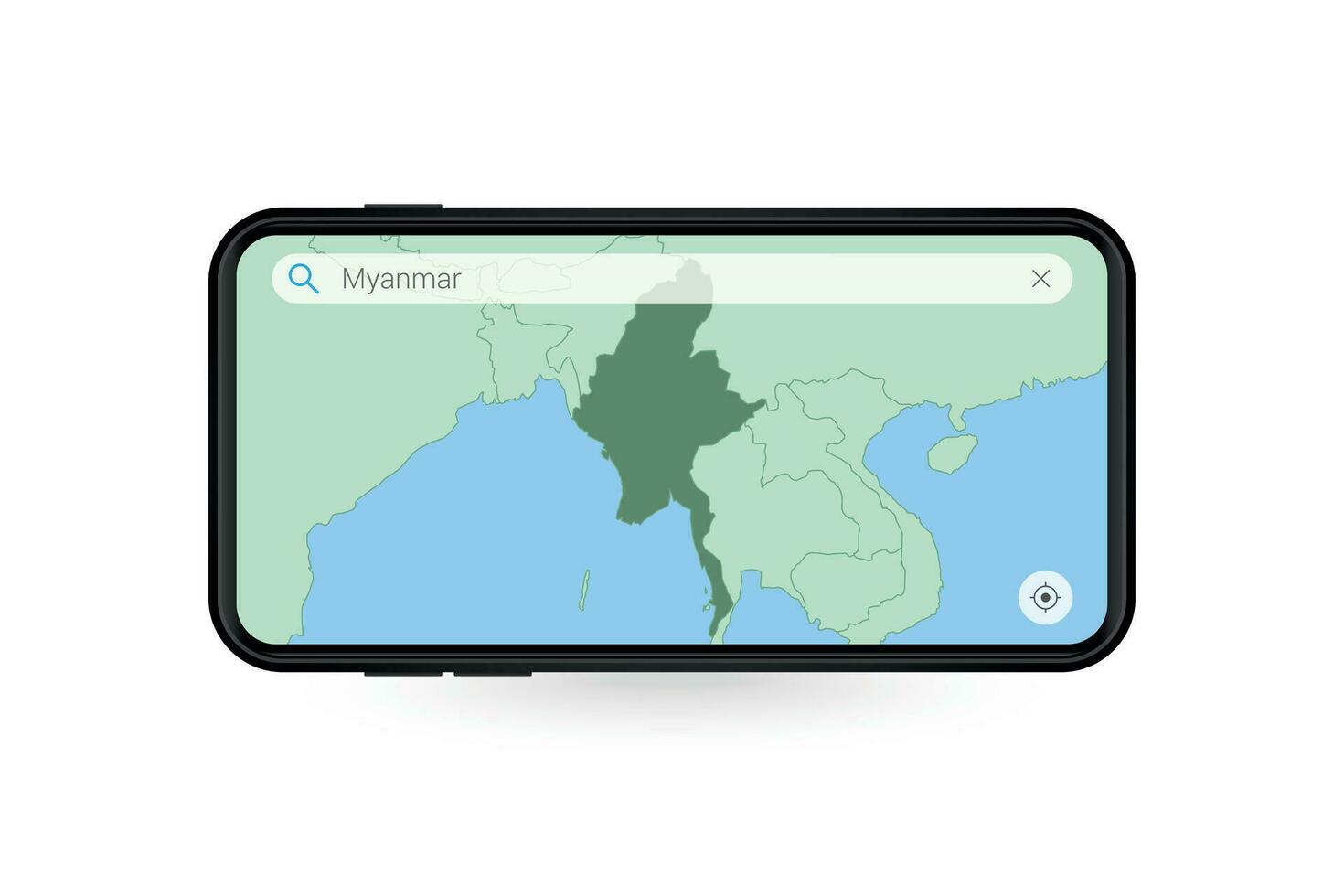 recherche carte de myanmar dans téléphone intelligent carte application. carte de myanmar dans cellule téléphone. vecteur