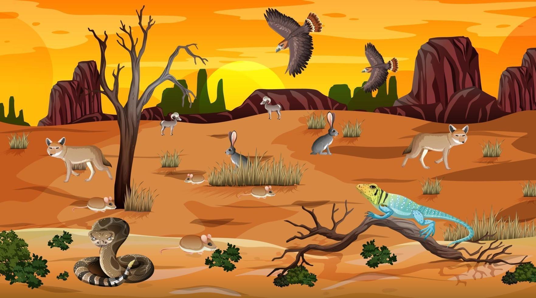 paysage de forêt du désert au coucher du soleil avec des animaux sauvages vecteur