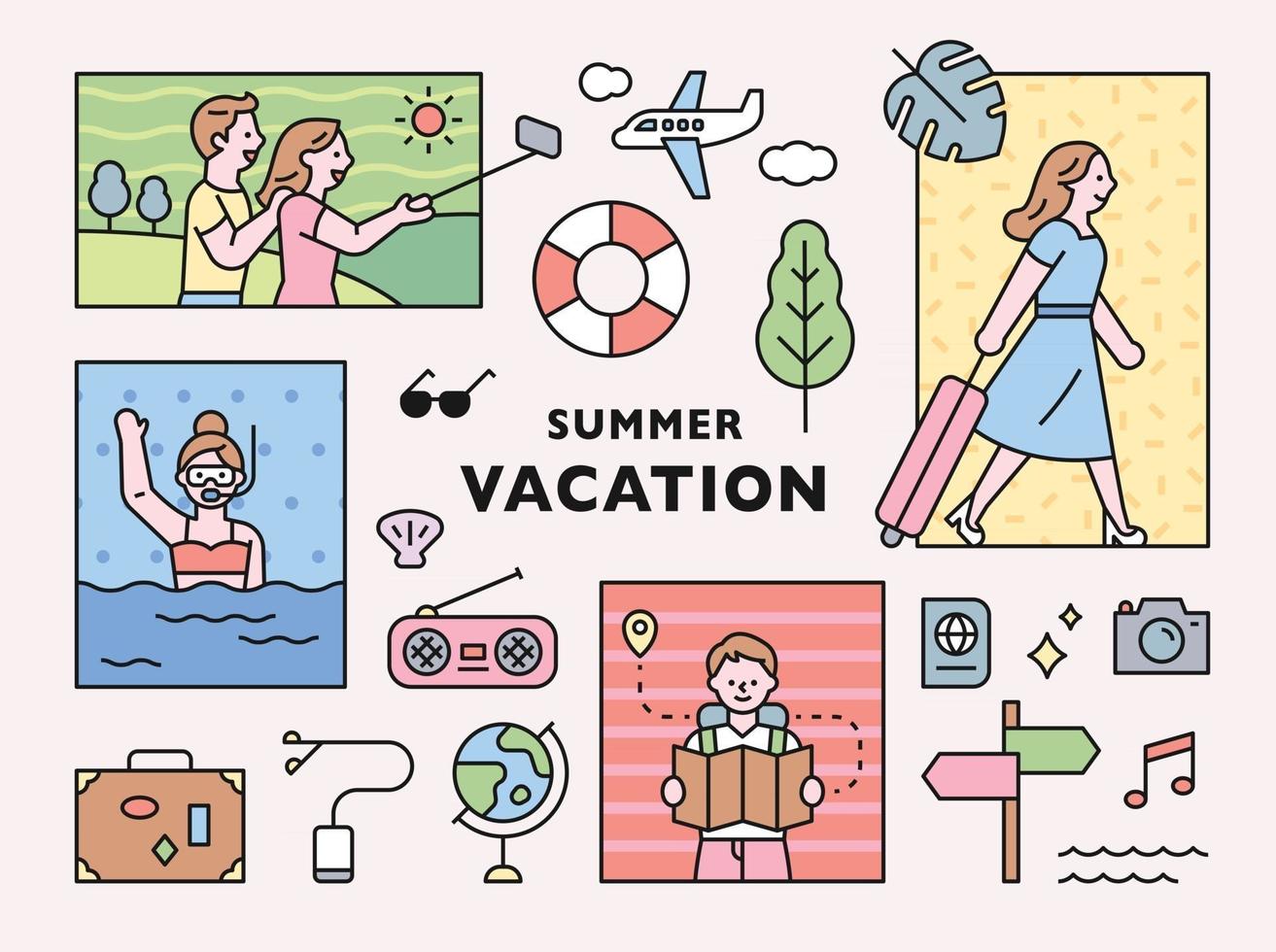 personnes en vacances et vacances icon set composition dans un cadre carré. illustration vectorielle minimale de style design plat. vecteur