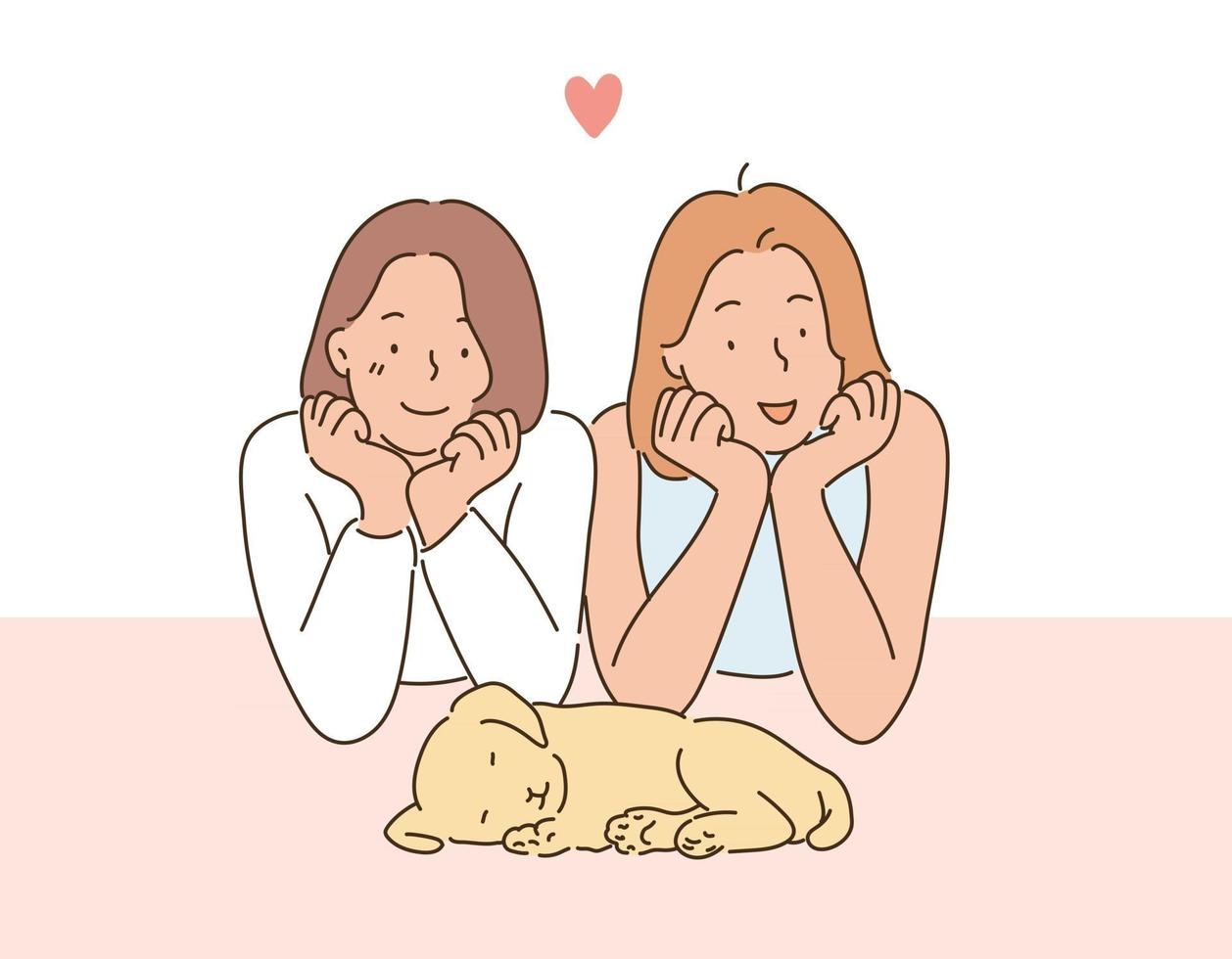 deux filles avec leurs mentons croisés et regardant un chiot endormi. illustrations de conception de vecteur de style dessinés à la main.