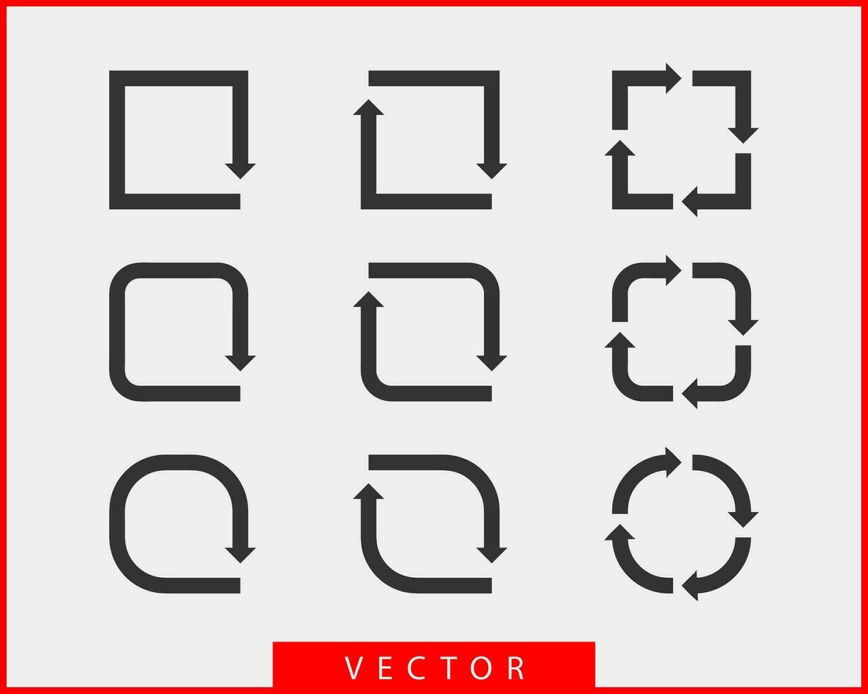 flèches de collection vecteur arrière-plan symboles noirs et blancs. ensemble d'icônes de flèche différente cercle, haut, bouclé, droit et tordu. éléments de design.