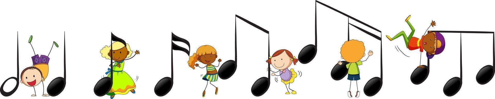 symboles de mélodie musicale avec de nombreux personnages de dessins animés pour enfants doodle vecteur