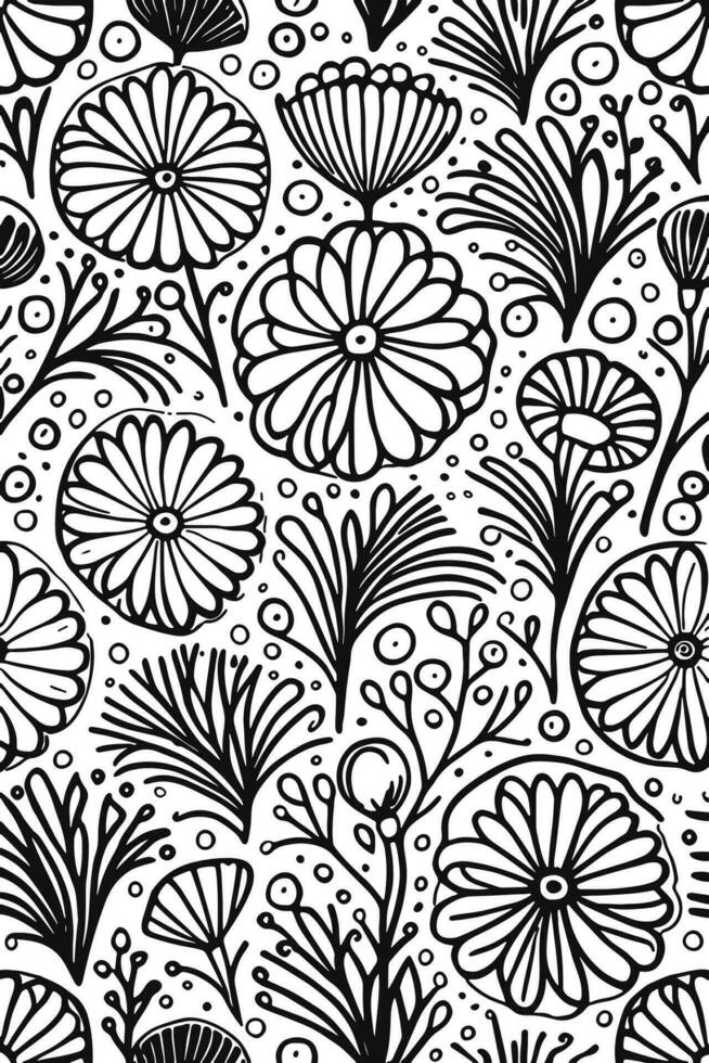 abstrait noir et blanc monochromatique dessiné à la main fleurs texture modèle griffonnage vecteur illustration