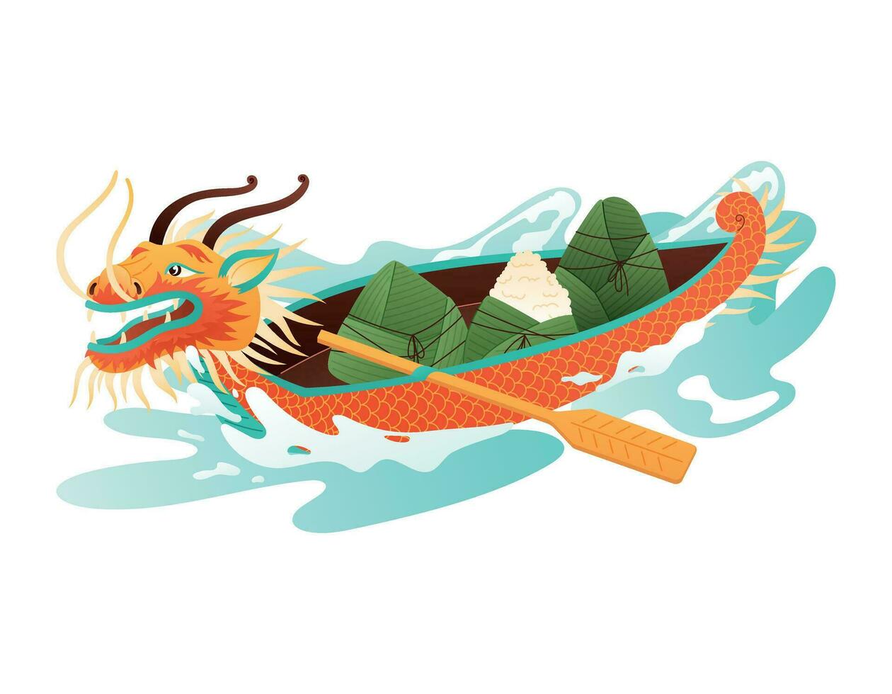 chinois dragon bateau avec asiatique nourriture, zongzi Dumplings. vecteur dessin animé illustration de traditionnel Oriental l'eau transport.