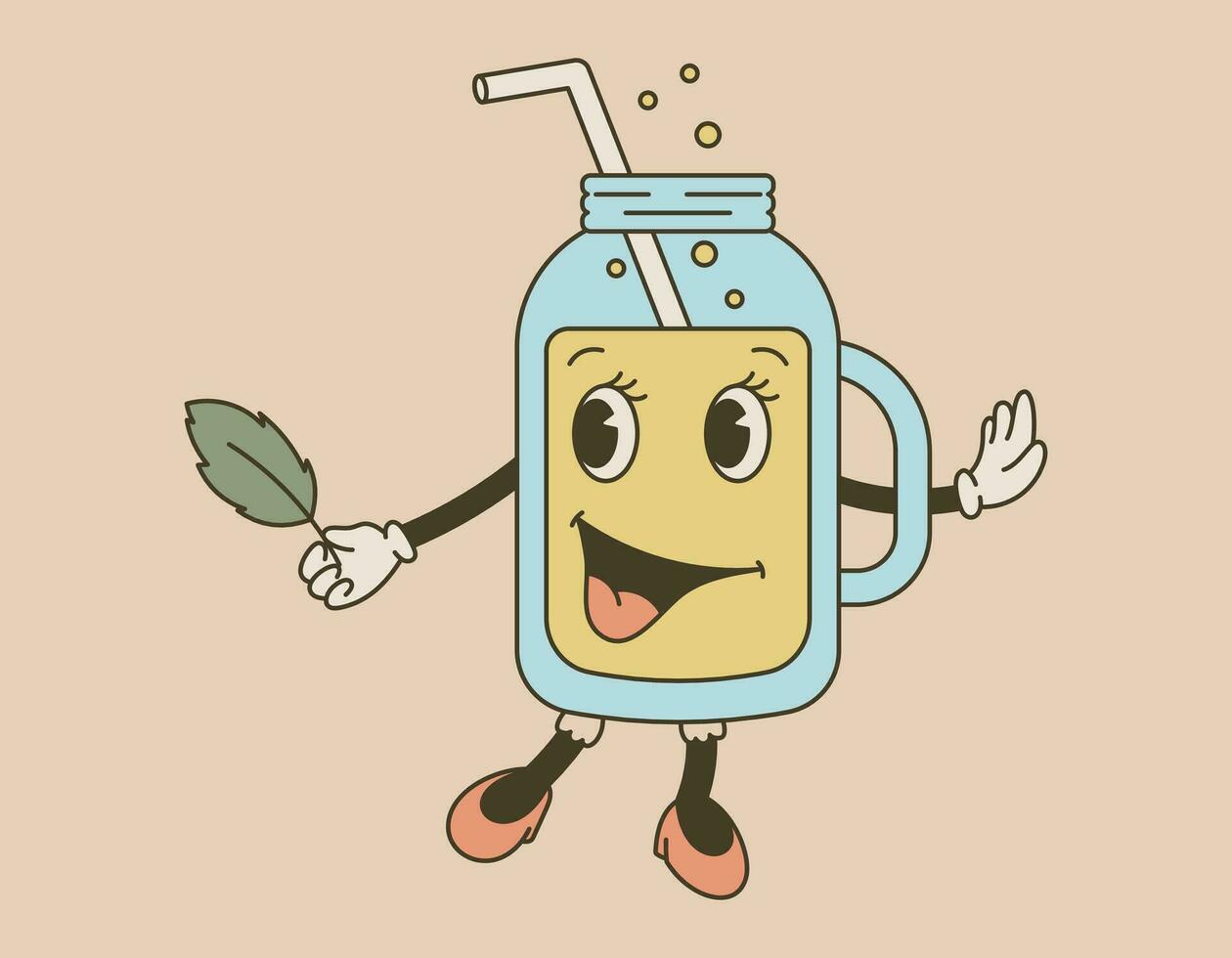 marrant rétro rainure personnage, une verre avec un alcoolique cocktail et une en buvant paille. vecteur isolé limonade boisson dans vieux dessin animé style.