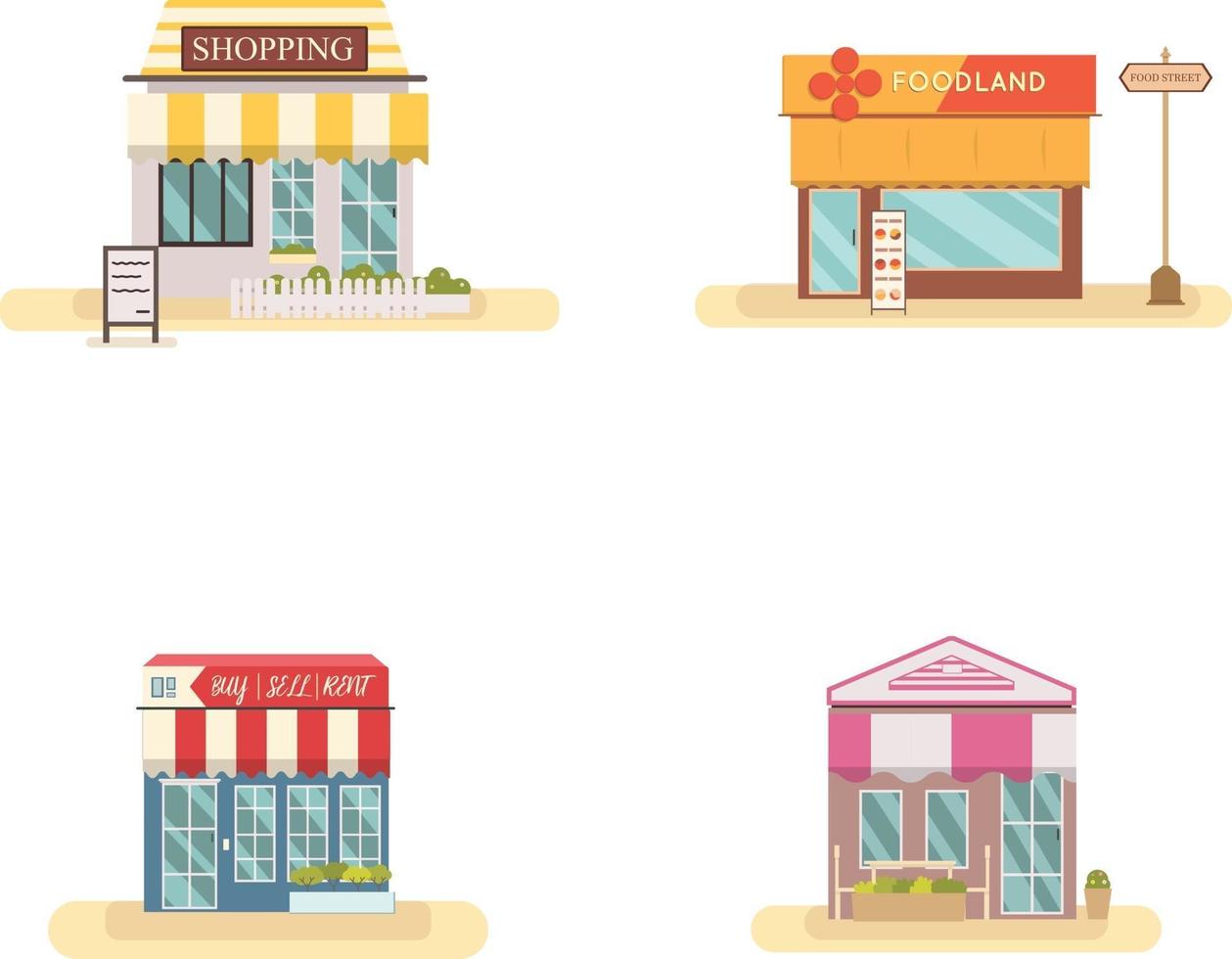 Business store front set design plat vector illustration.market building set .design magasin moderne situé sur la rue