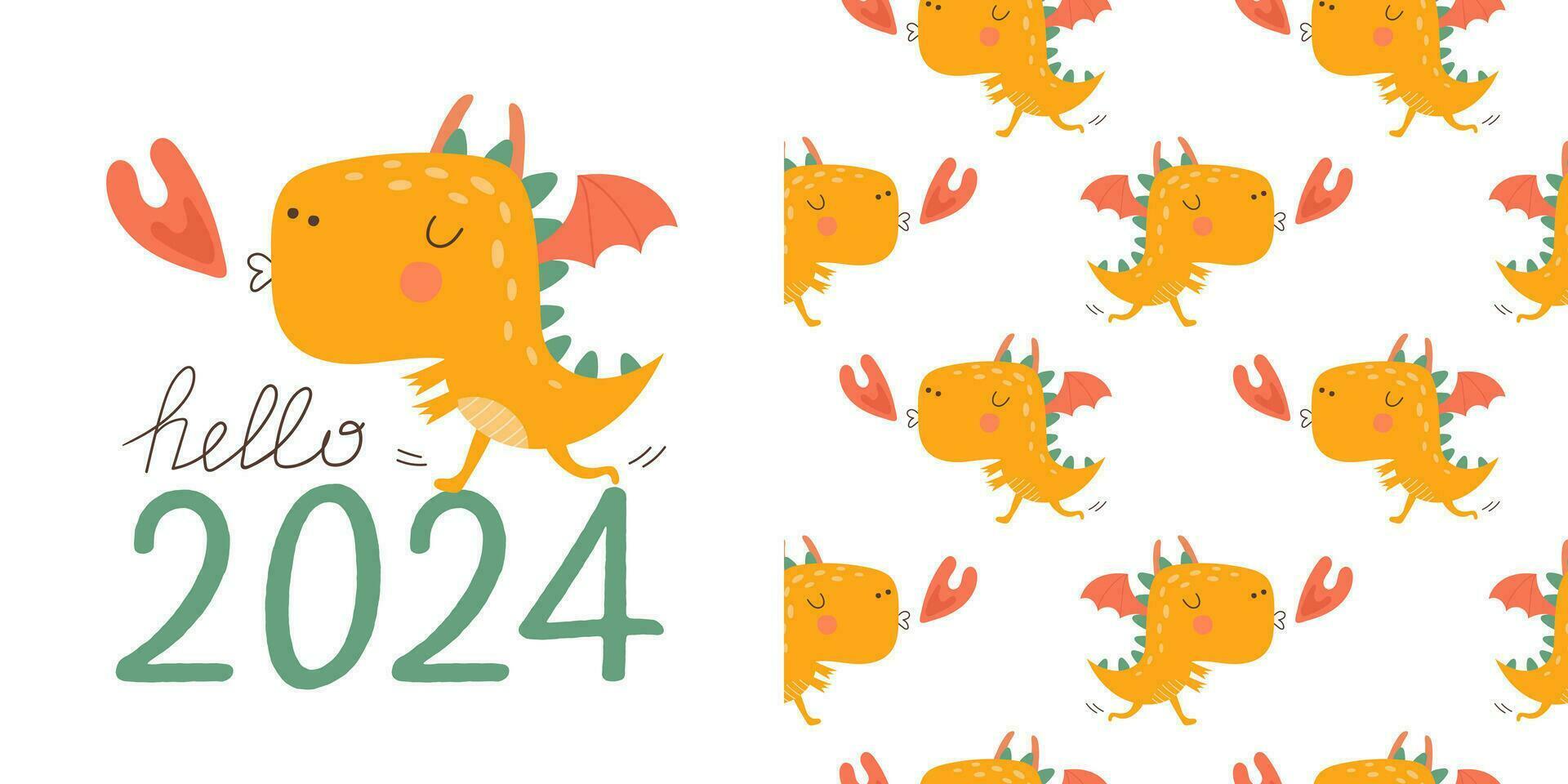 Bonjour 2024 carte avec mignonne dragon. content Nouveau an. vecteur des illustrations