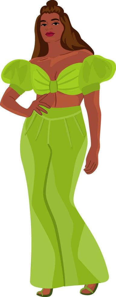 plus Taille femme dans à la mode vert tenue. femelle portant Haut et pantalon ensemble. soi l'amour et acceptation. vecteur