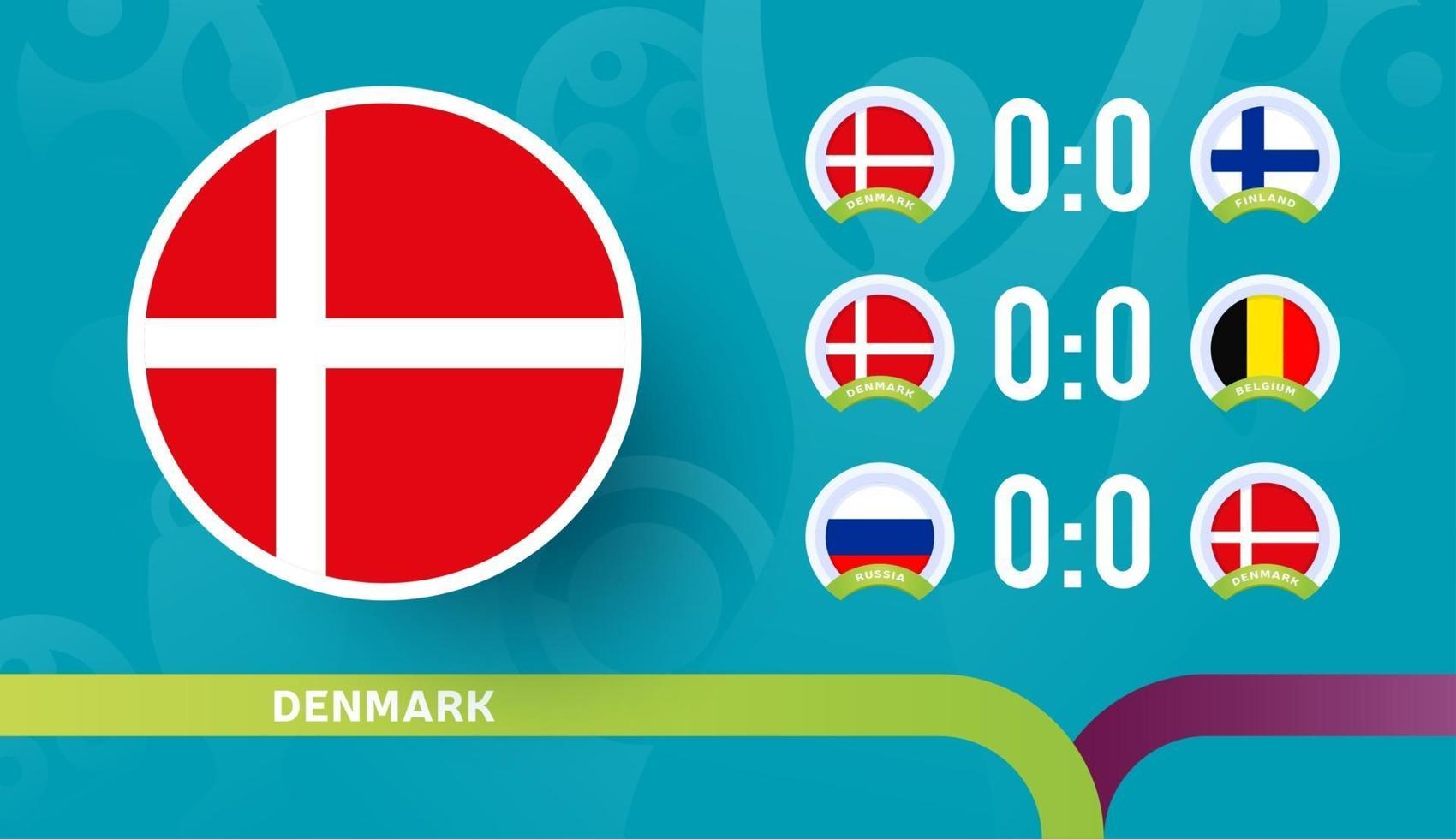 Les matchs du calendrier de l'équipe nationale du Danemark lors de la phase finale du championnat de football 2020. illustration vectorielle des matchs de football 2020. vecteur