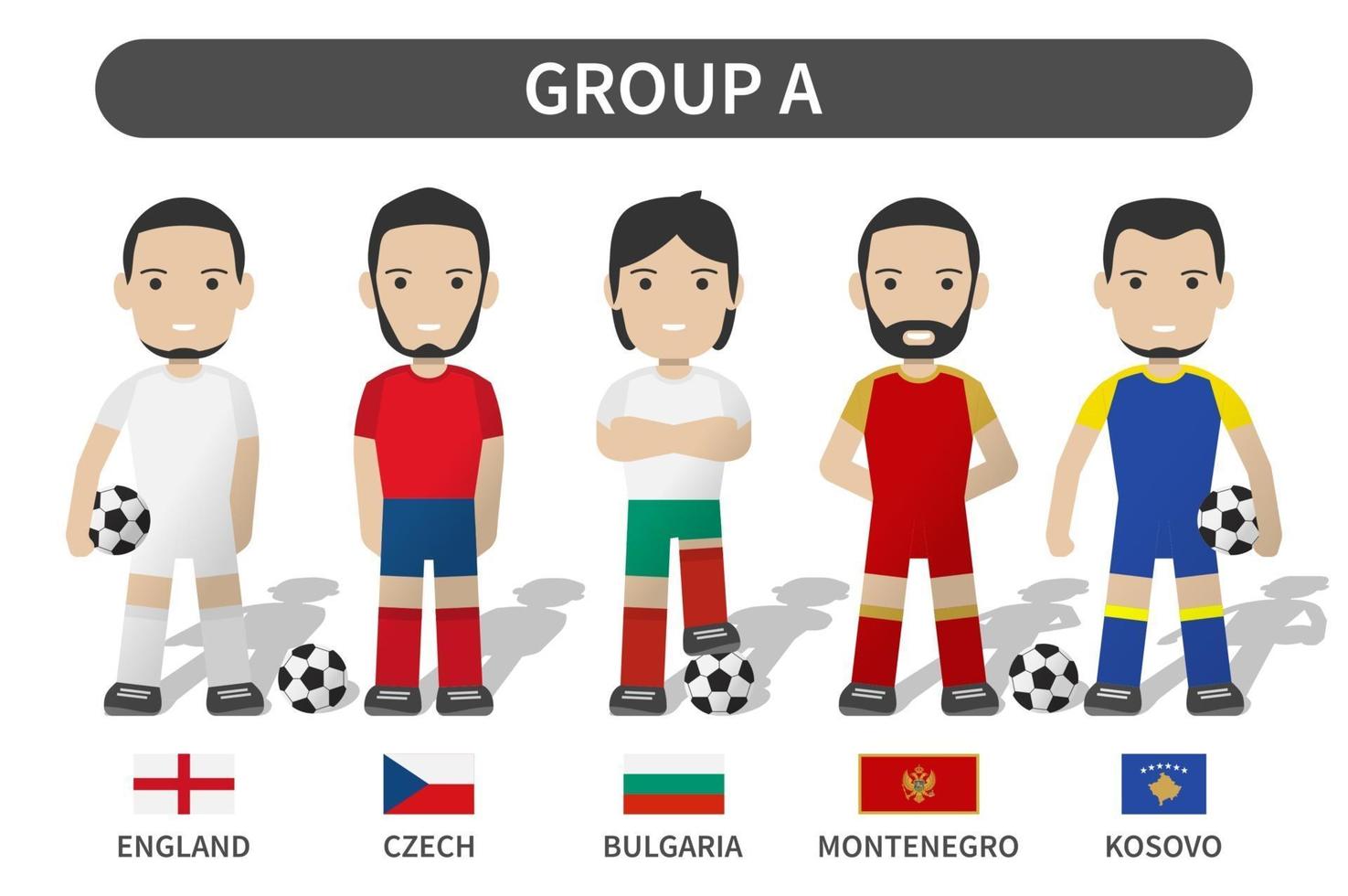 tirages qualificatifs du tournoi de la coupe d'europe de football 2020 et 2021 . groupe A . joueur de football avec uniforme de maillot et drapeau national. design plat de personnage de dessin animé. fond de thème blanc. vecteur. vecteur