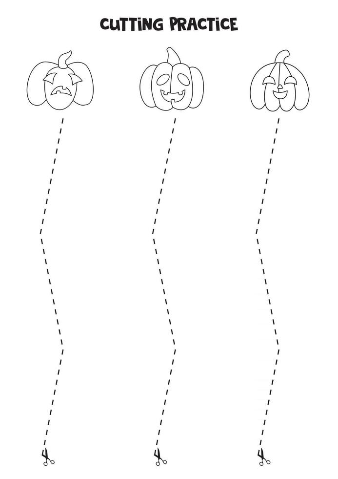 pratique de coupe pour les enfants avec de jolies citrouilles d'halloween en noir et blanc. vecteur