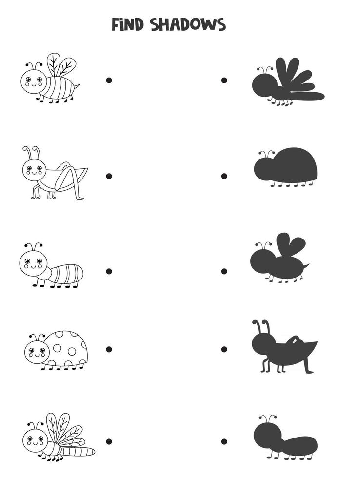 trouver les ombres correctes des insectes noirs et blancs. puzzle logique pour les enfants. vecteur