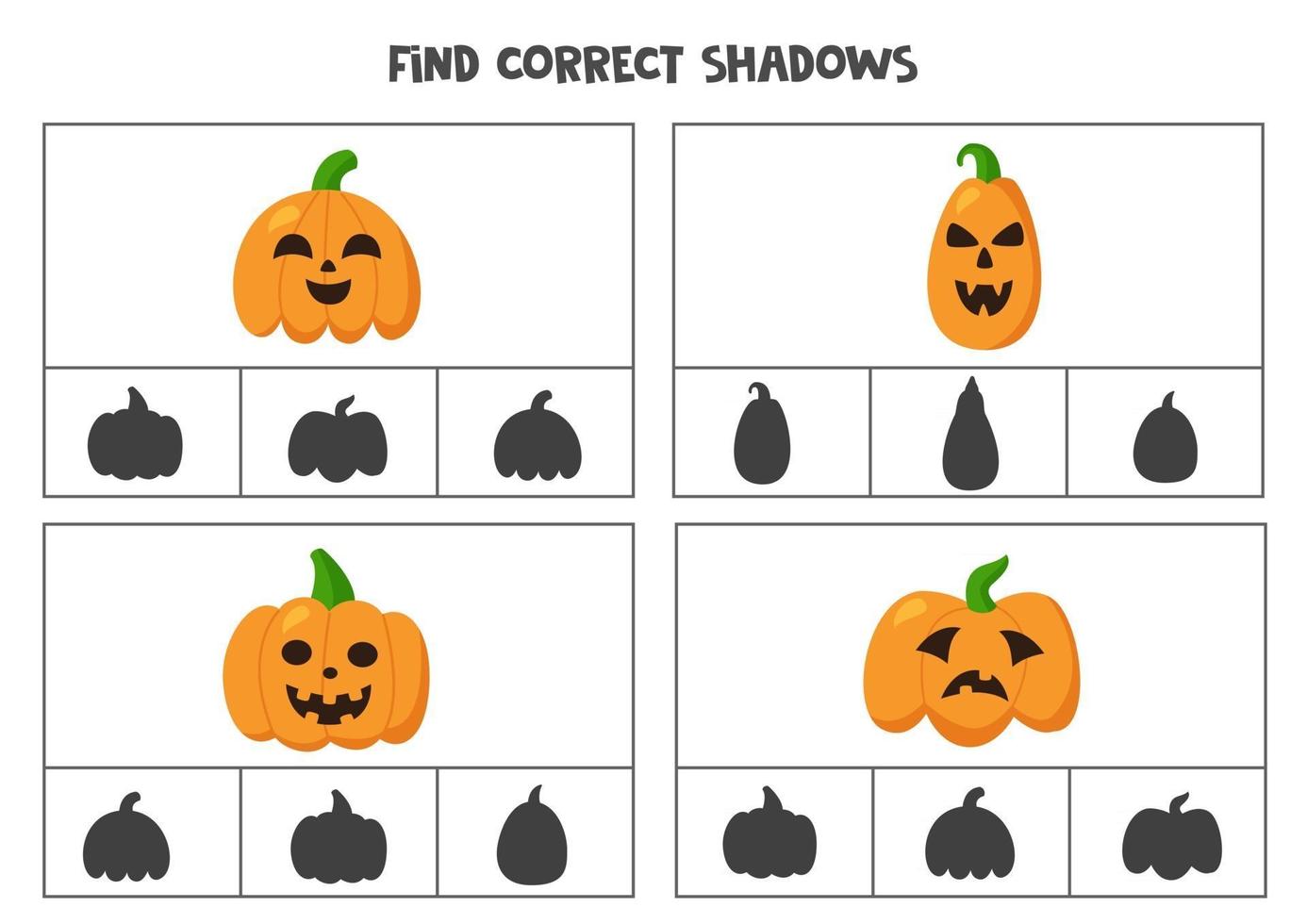 trouver l'ombre correcte des citrouilles d'halloween. jeux de cartes à clips imprimables pour enfants. vecteur