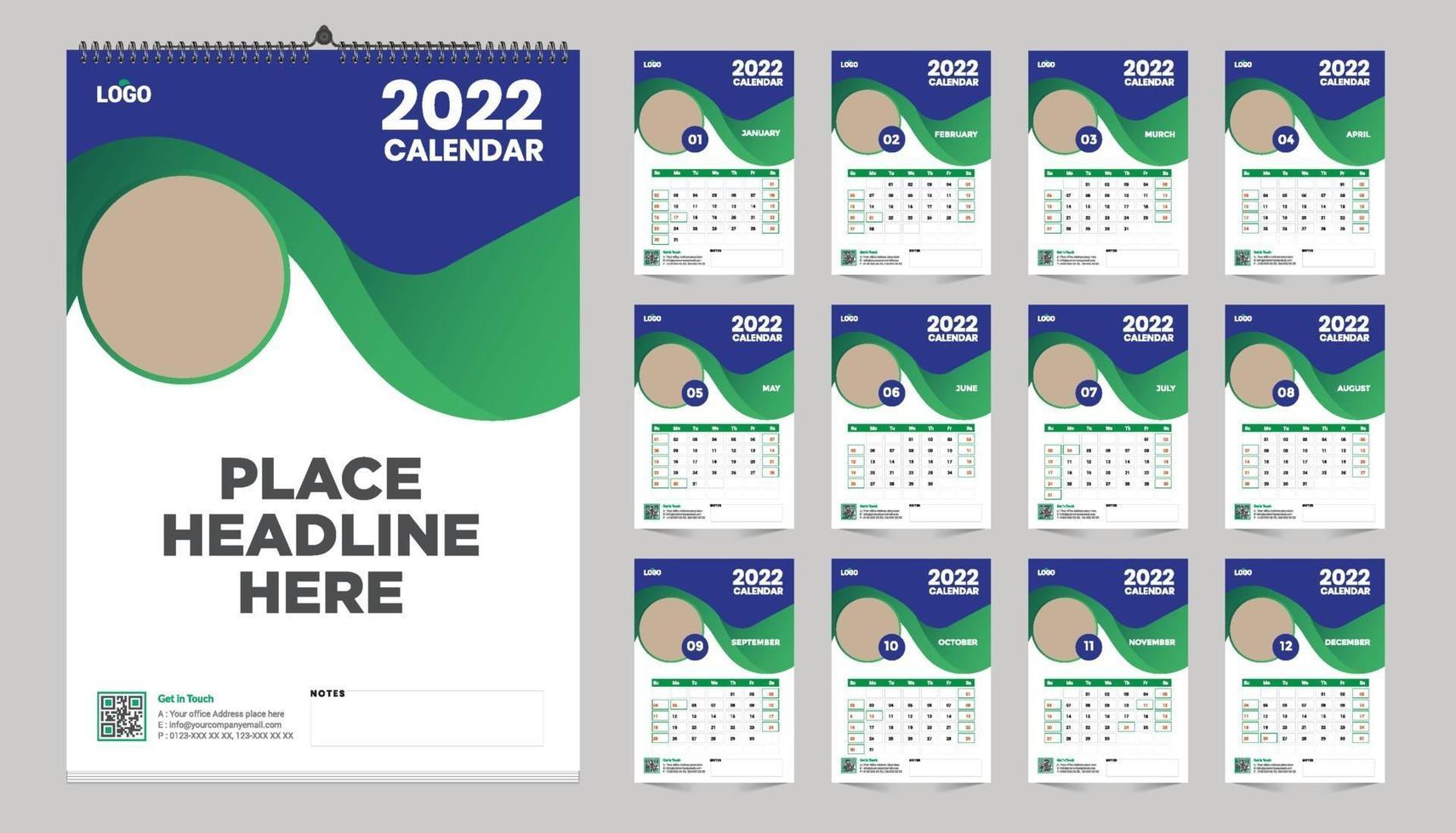 conception de modèle de calendrier mural mensuel gratuit pour l'année 2022, 2023, 2024, 2025, 2026, 2026. la semaine commence le dimanche. agenda avec place pour la photo. vecteur