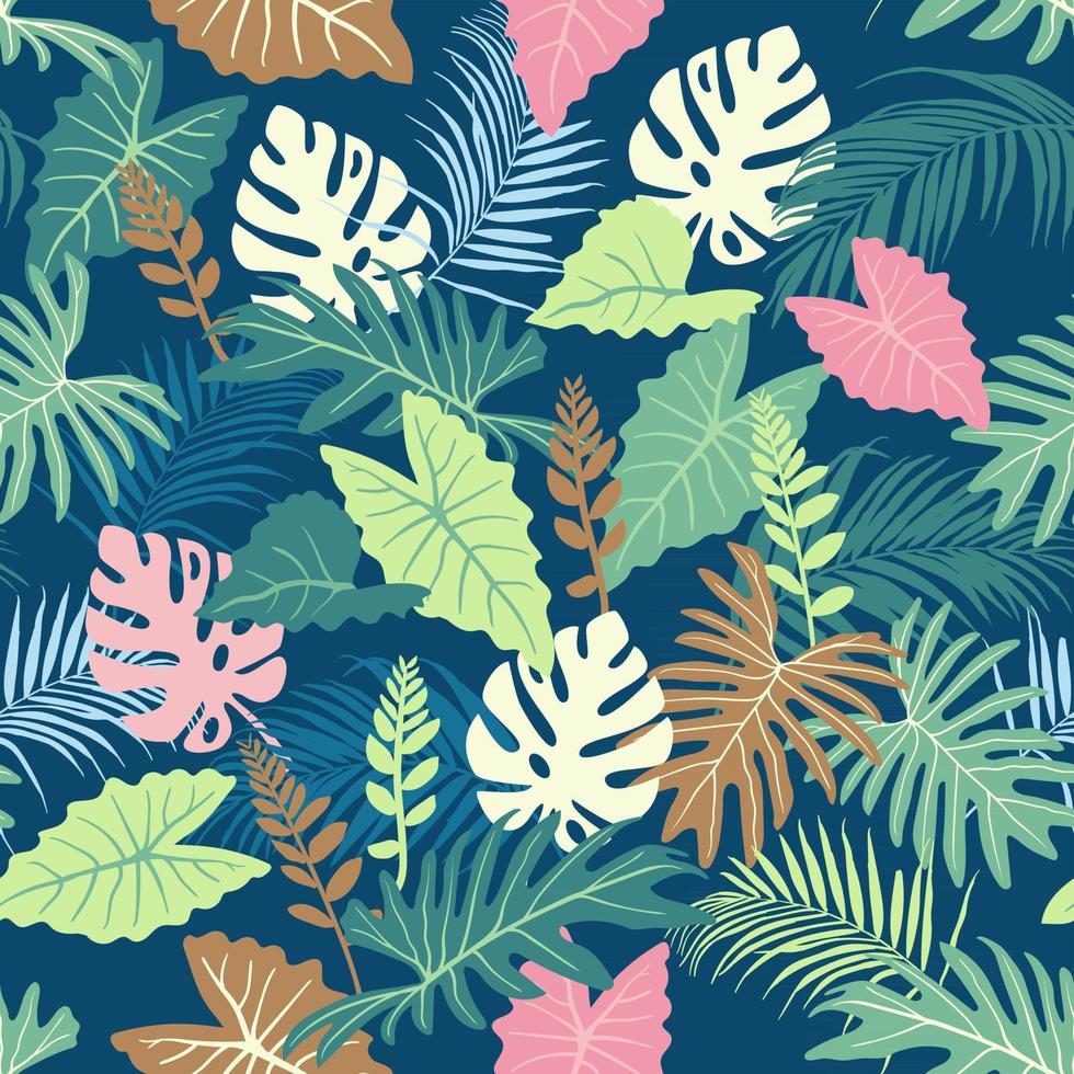 Dessiner à la main un motif harmonieux de feuilles tropicales d'été, plante colorée pour tissu décoratif, textile, impression ou papier peint vecteur