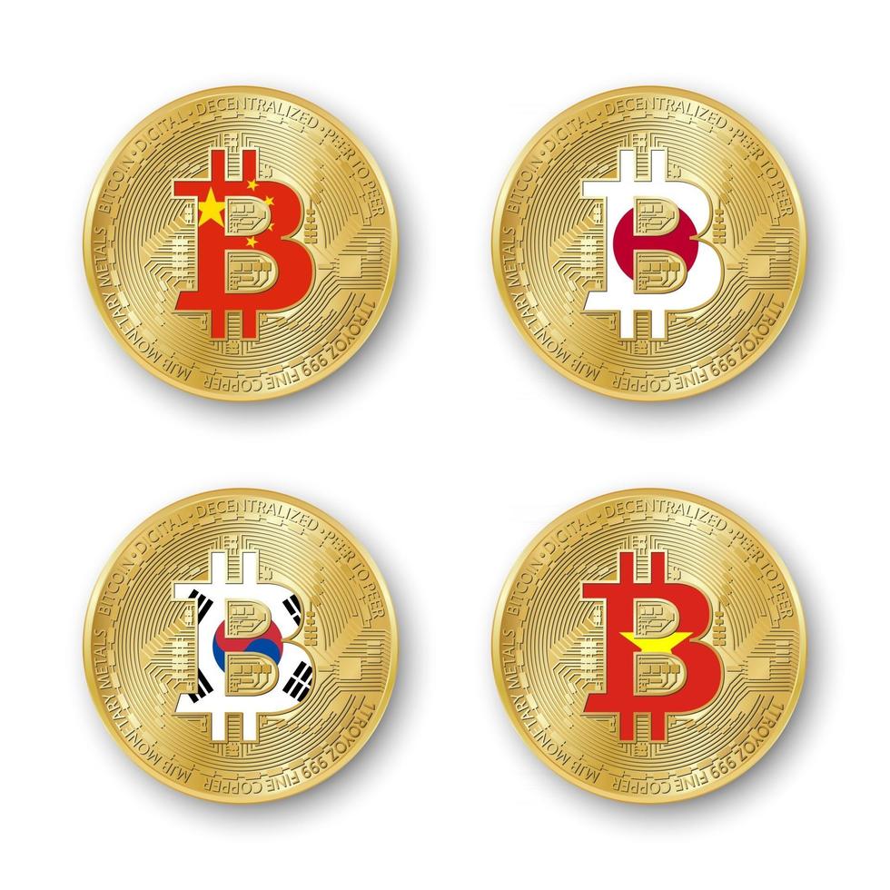quatre pièces de monnaie bitcoin dorées avec des drapeaux de la chine, du japon, de la corée du sud et du vietnam. vecteur d'icônes de crypto-monnaie isolés sur fond blanc. symbole de la technologie blockchain