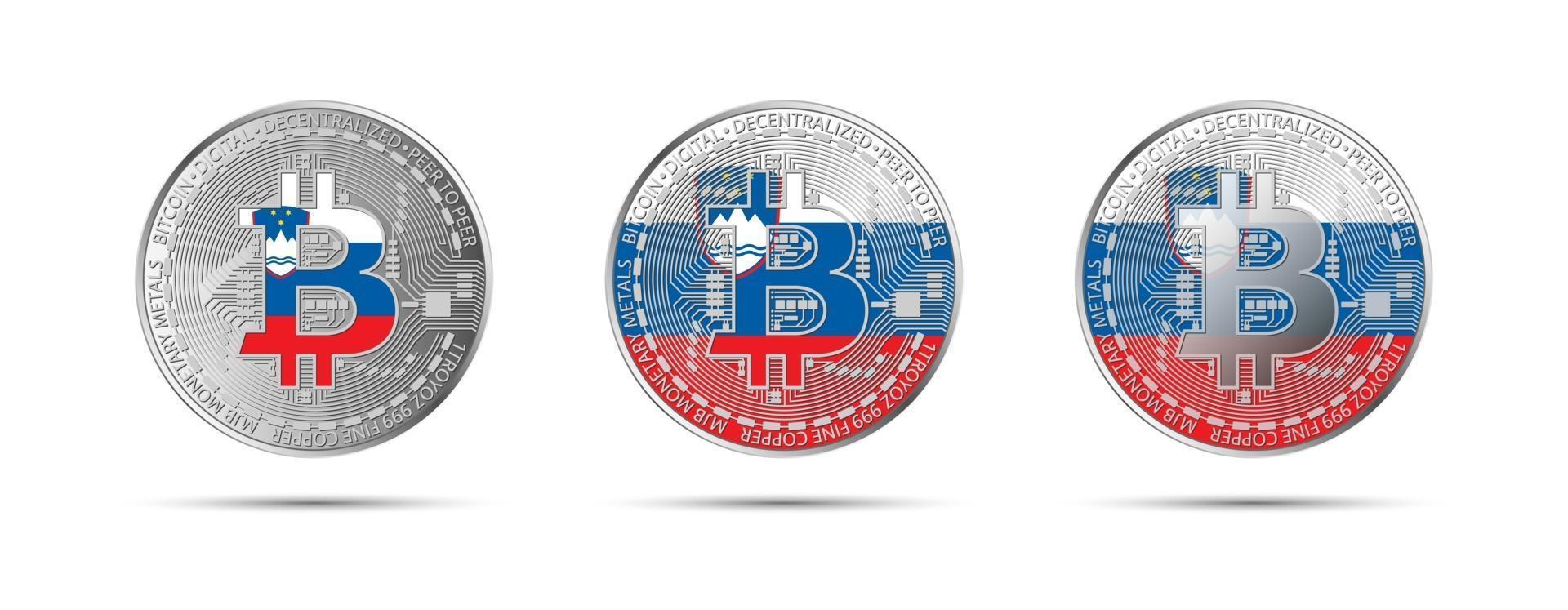 trois pièces de monnaie crypto bitcoin avec le drapeau de la slovénie. argent du futur. illustration vectorielle de crypto-monnaie moderne vecteur