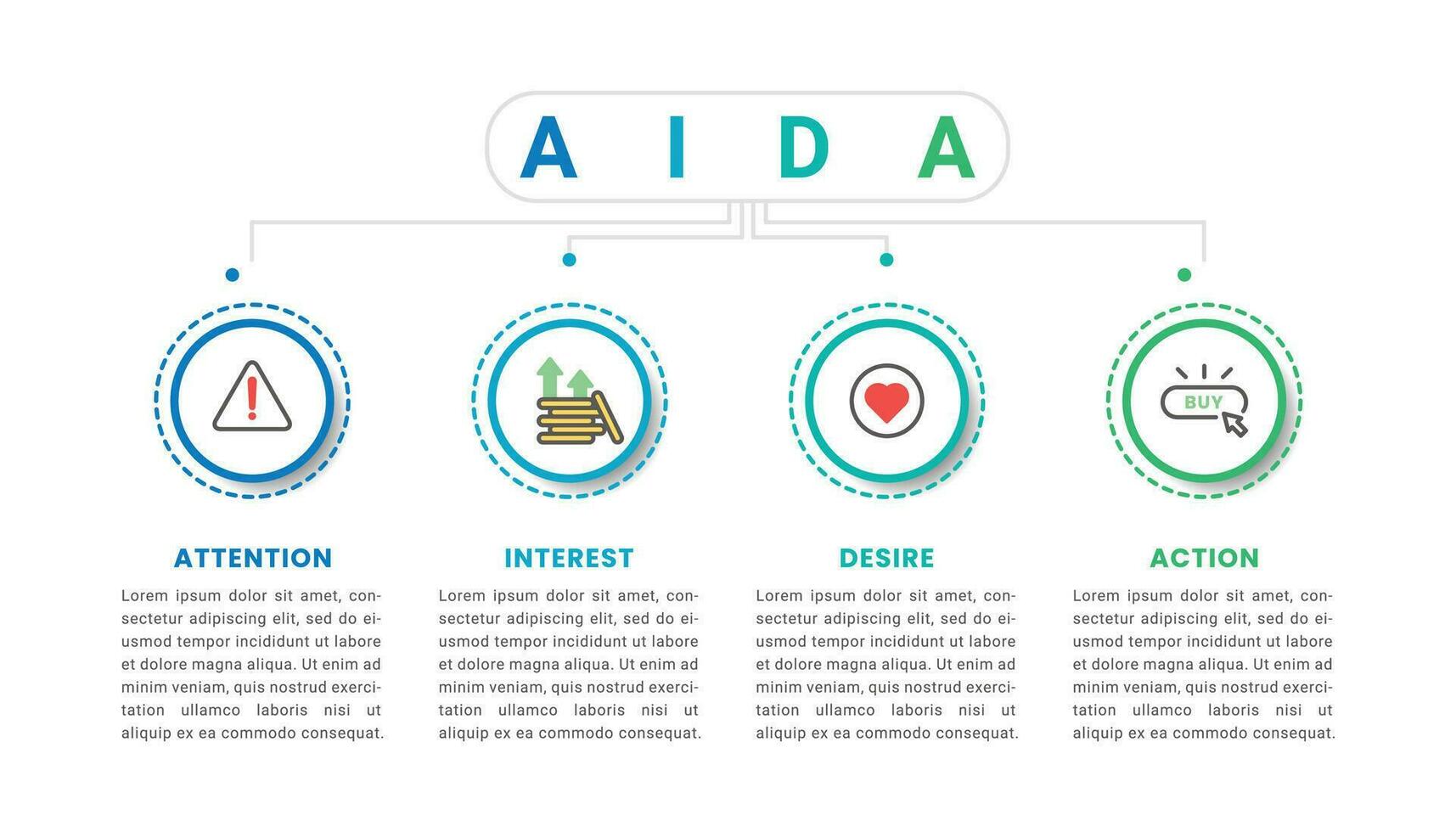 aida modèle infographie avec Icônes et quatre pas vecteur