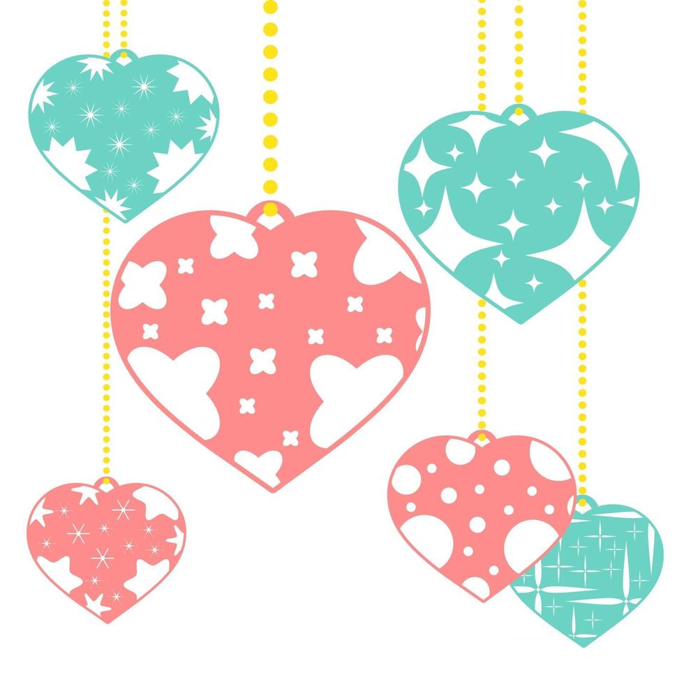 ensemble de pendentifs isolés colorés en forme de coeurs sur fond blanc. avec un motif abstrait. illustration vectorielle plane simple. convient pour la décoration de cartes postales, mariages, vacances, sites. vecteur