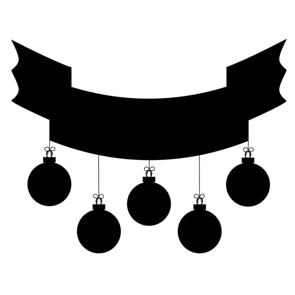 bannière de ruban isolé noir plat attachée à ses décorations de noël. silhouette noire sur fond blanc. vecteur