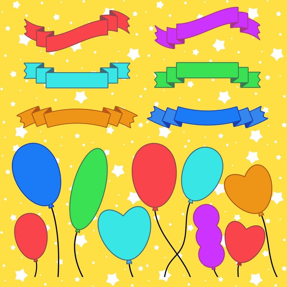 ensemble de silhouettes colorées à plat, rubans isolés, bannières et ballons sur fond jaune. illustration vectorielle plane simple. avec place pour le texte. adapté à l'infographie, au design, à la publicité, aux festivals, aux étiquettes. vecteur