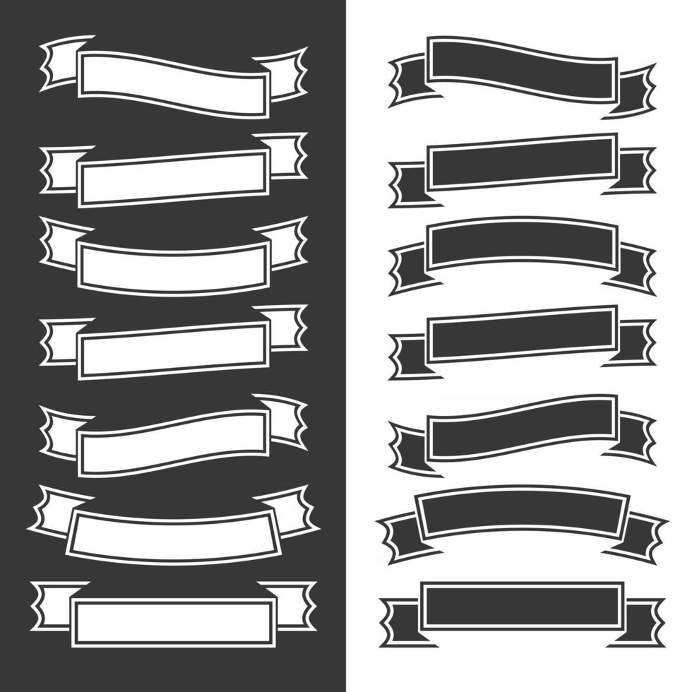 ensemble de rubans et bannières noirs et blancs isolés plats sur fond blanc et noir. illustration vectorielle plane simple. avec place pour le texte. adapté à l'infographie, au design, à la publicité, aux festivals. vecteur