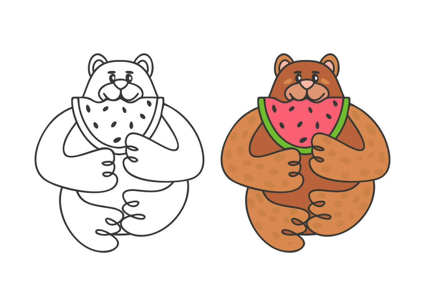 ours avec pastèque. coloration page pour enfants. vecteur isolé illustration.