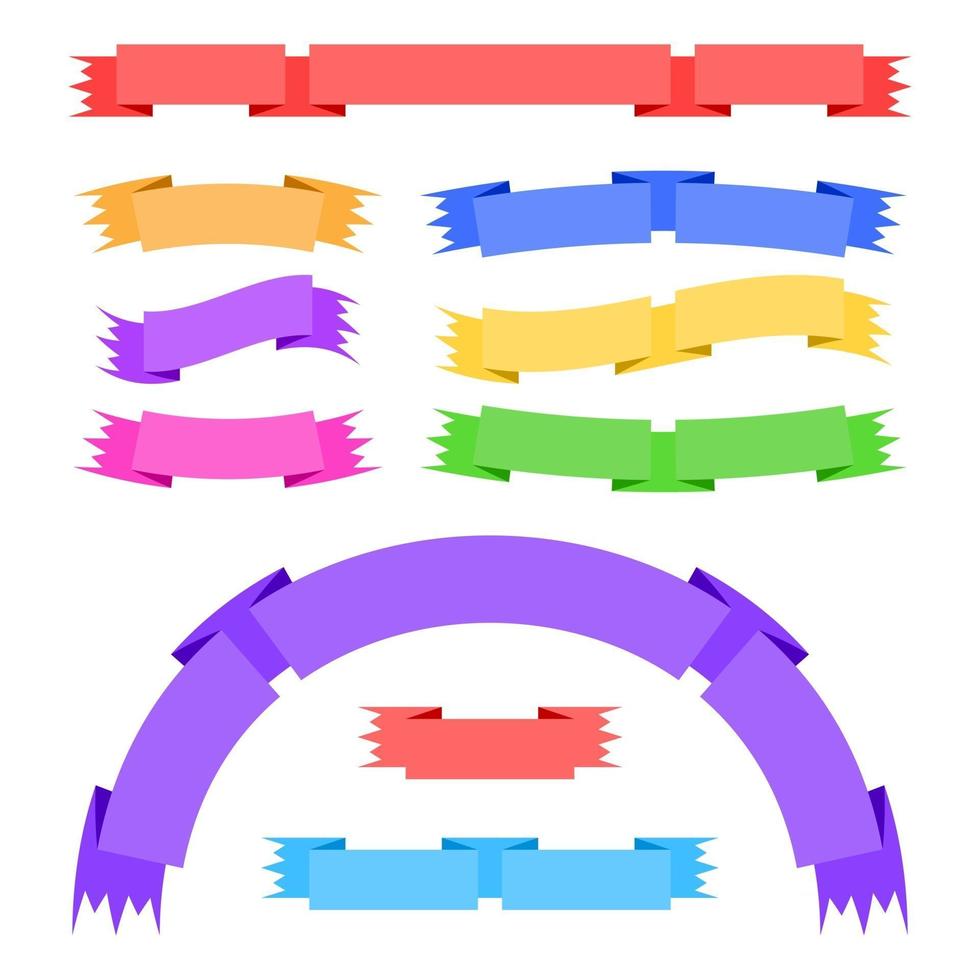 ensemble de rubans et bannières colorés isolés plats sur fond blanc. illustration vectorielle plane simple. avec place pour le texte. adapté à l'infographie, au design, à la publicité, aux festivals, aux étiquettes. vecteur