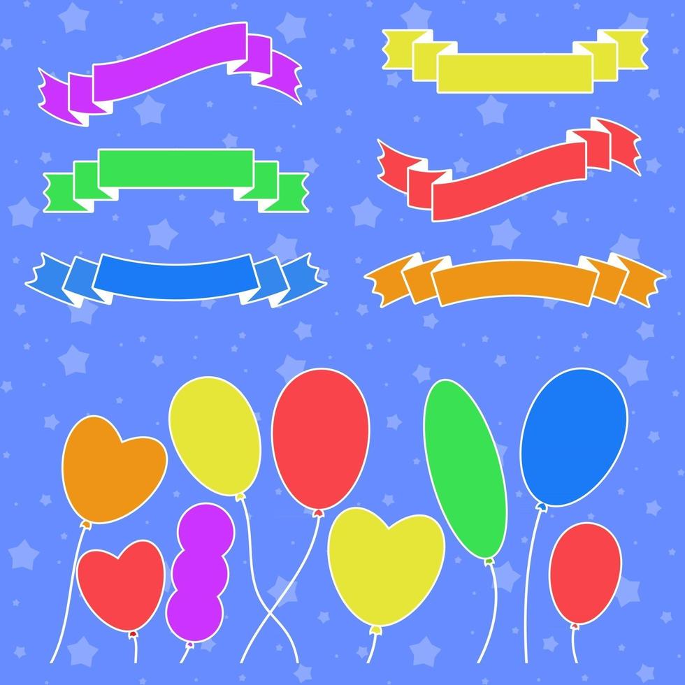 ensemble de silhouettes colorées à plat, rubans isolés, bannières et ballons sur fond bleu. illustration vectorielle plane simple. avec place pour le texte. adapté à l'infographie, au design, à la publicité, aux festivals, aux étiquettes. vecteur