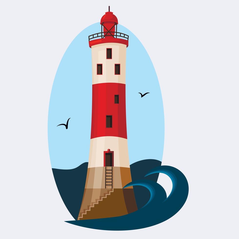 balise. tour de phare contre le ciel. les goélands et les vagues de l'océan. illustration vectorielle. vecteur