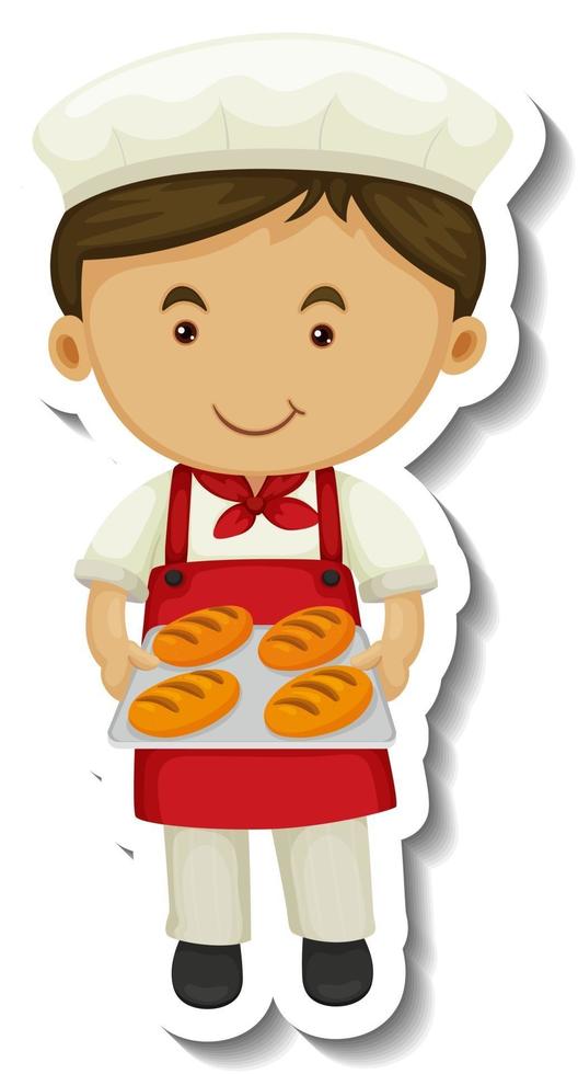 modèle d'autocollant avec un garçon boulanger détient un plateau cuit isolé vecteur