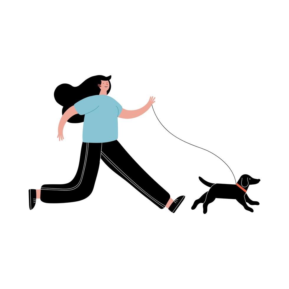 jeune femme marchant avec mascotte chien vecteur