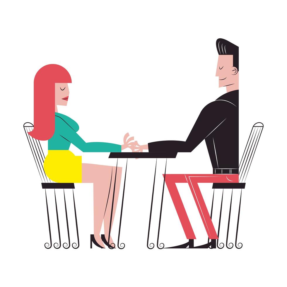 dessins animés de couple romantique à la conception de vecteur de table de restaurant