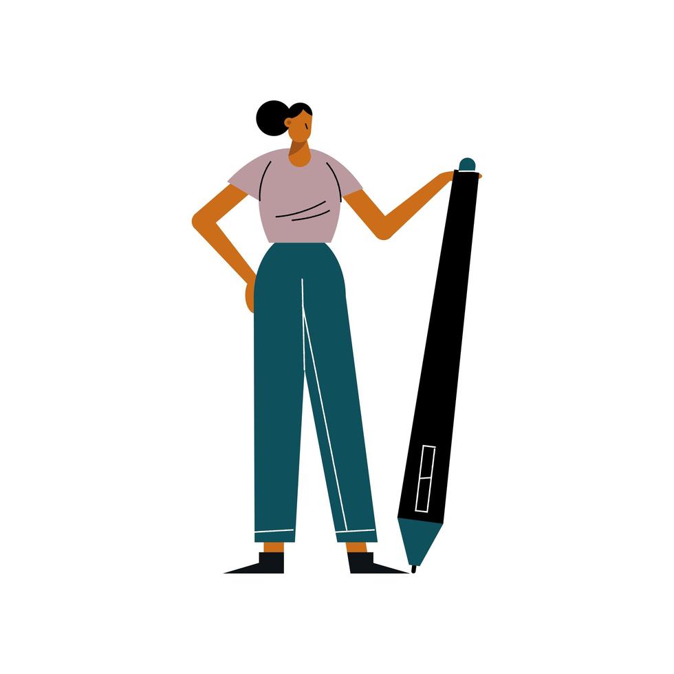 jeune femme avec l'icône d'approvisionnement de stylo vecteur