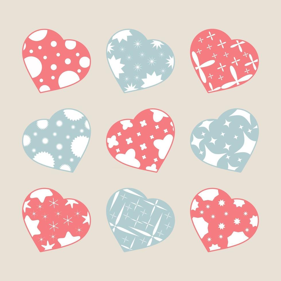 ensemble de coeurs de couleur isolé sur fond blanc. avec motif abstrait. illustration vectorielle plane simple. convient pour carte de voeux, mariages, vacances, sites. vecteur