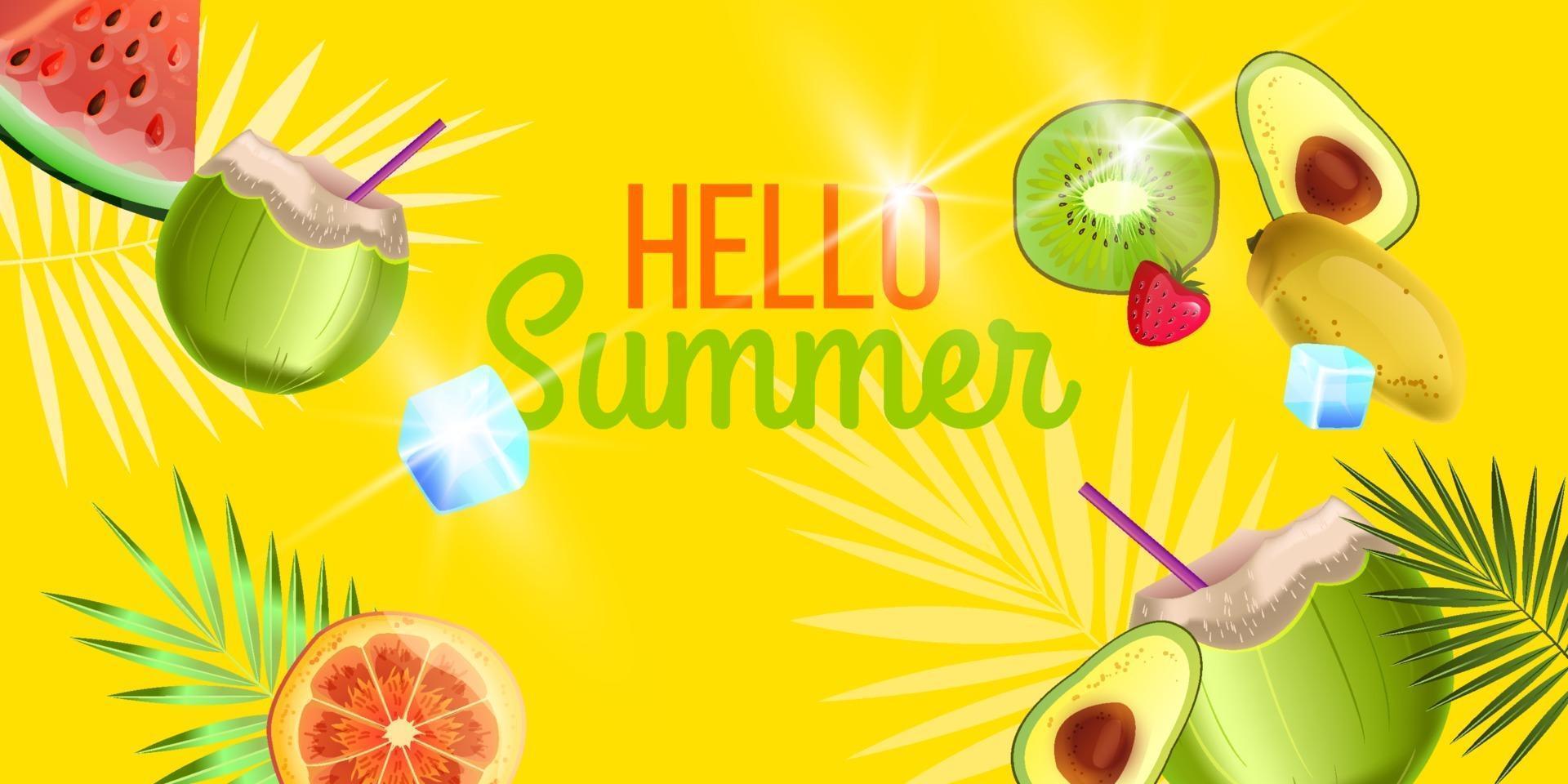 bonjour bannière d'été, fond de fête de plage avec noix de coco verte, orange, kiwi, avocat, pastèque vecteur