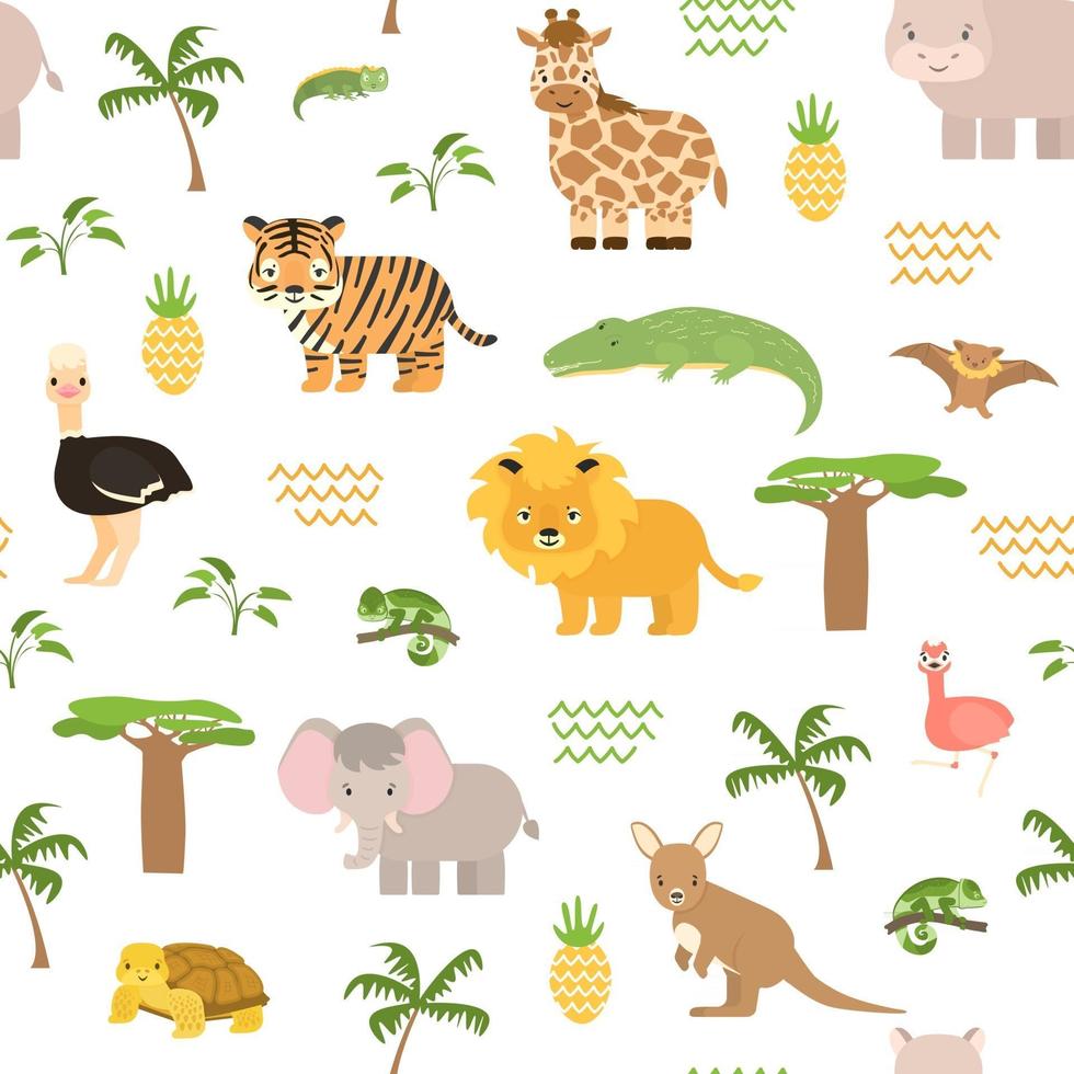 modèle sans couture d'animaux d'été safari. caméléon vecteur mignon, crocodile, lion, tigre, éléphant, flamant rose, girafe, chauve souris, kangourou, autruche, baobab, paume, plantes