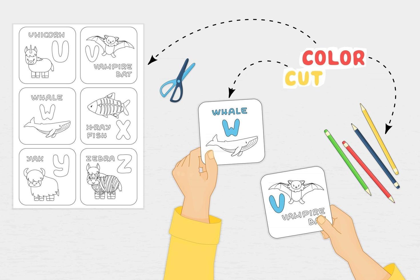 Jeu de papier colle découpé en couleur pour le développement des enfants d'âge préscolaire. découpez des parties de cartes alphabet de l'image, coloriez, collez sur le papier. présentation d'illustration vectorielle avec bras, vue de dessus de ciseaux vecteur