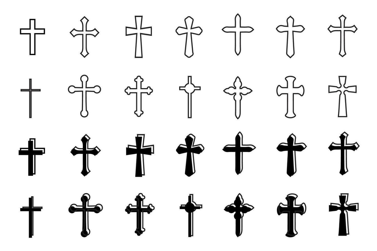 décoratif crucifix religion catholique symbole, Christian des croix. orthodoxe Foi église traverser Icônes conception, isolé plat ensemble. vecteur illustration.