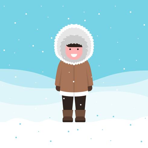 Mignon garçon esquimau portant une illustration de vêtements d'hiver en fourrure marron vecteur