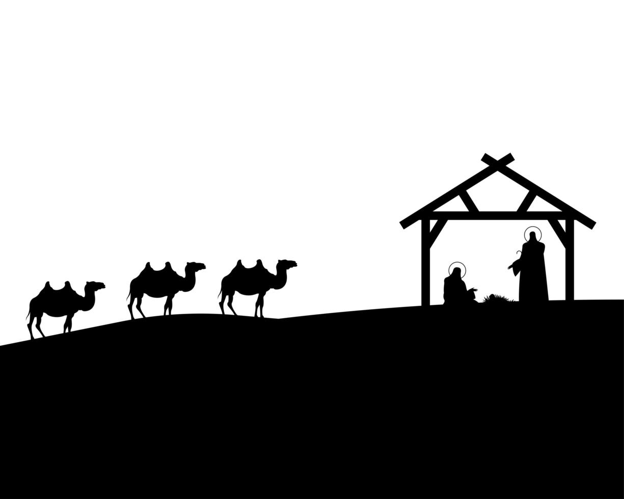 personnages de crèches de la sainte famille dans une écurie avec des silhouettes noires de chameaux vecteur