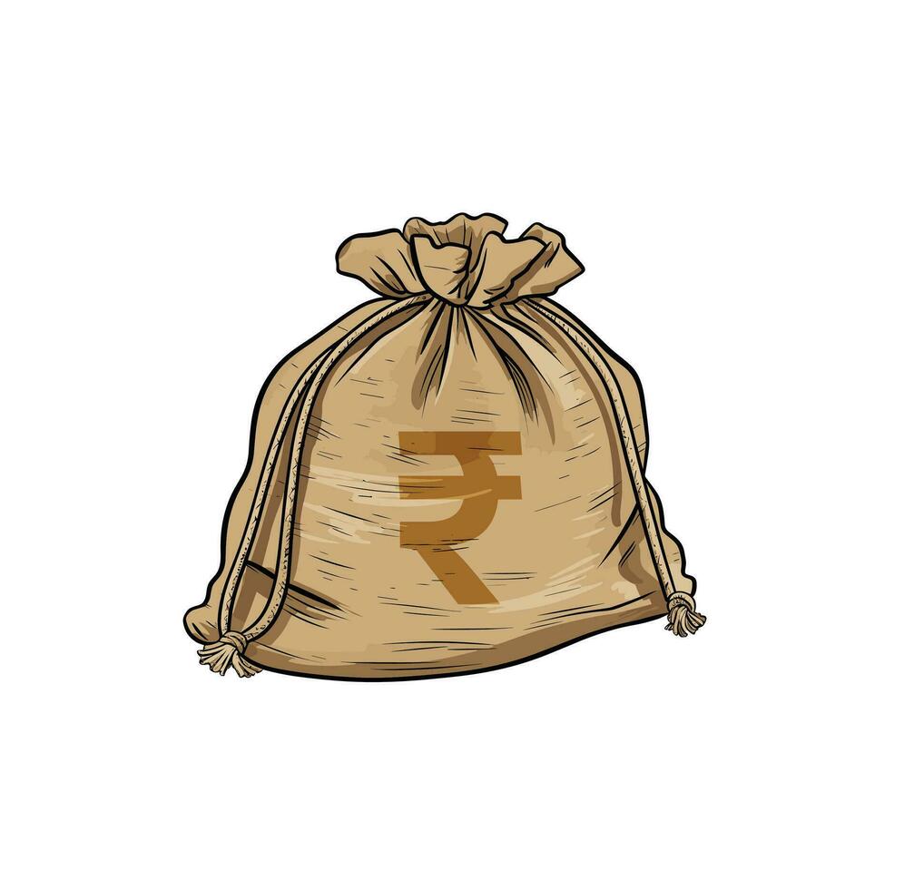 argent pièce de monnaie, argent sac. argent jute sac avec pièce de monnaie empiler isolé sur blanc Contexte vecteur