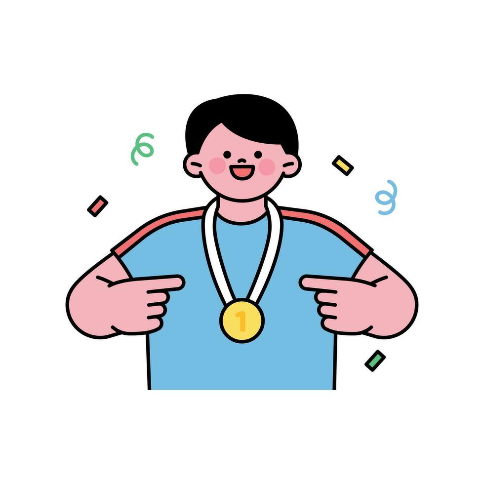 un athlète est Enchanté avec une or médaille pendaison autour le sien cou et montrer du doigt avec le sien doigt. vecteur