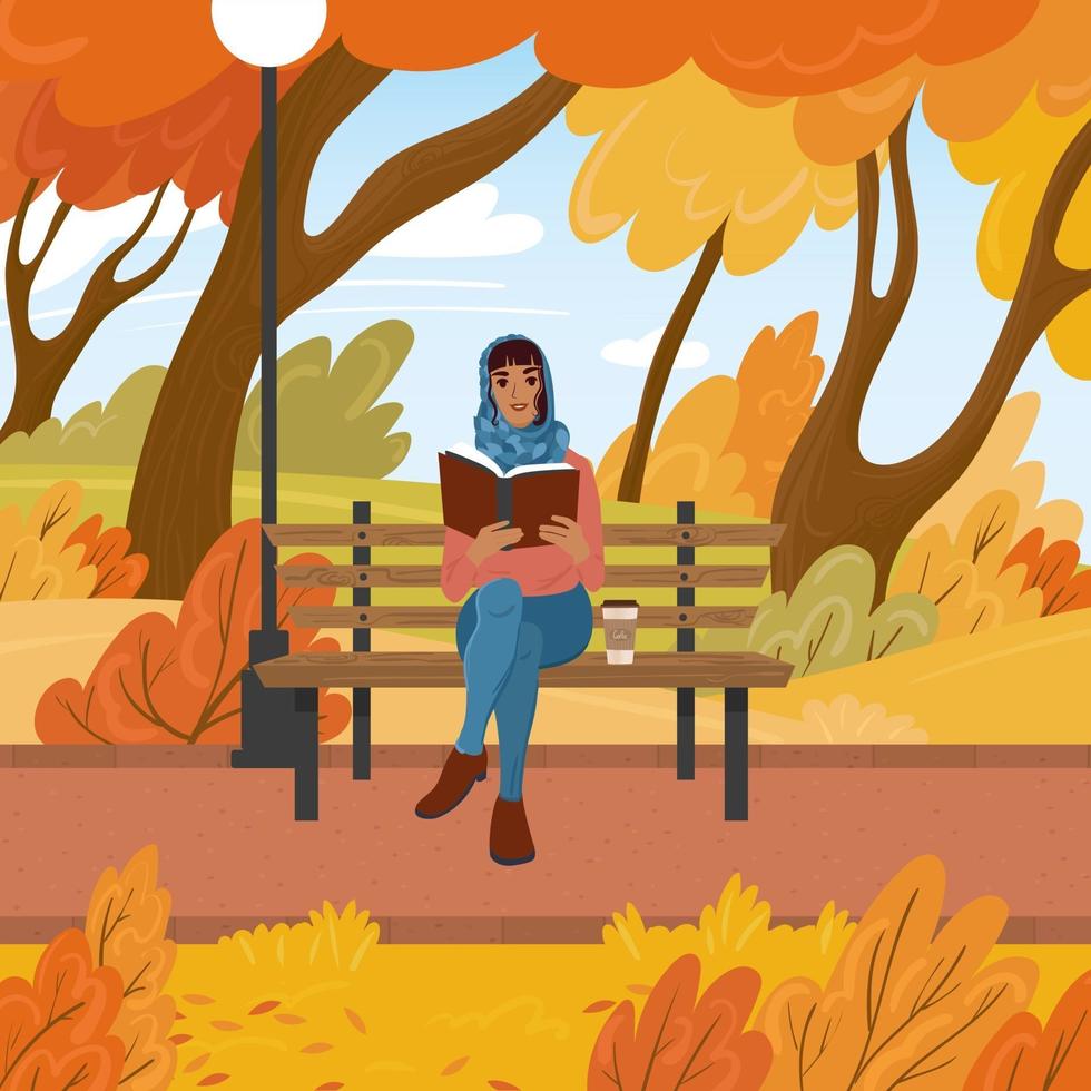 une jeune fille est assise sur un banc et lit un livre dans le parc. loisirs de plein air en automne. illustration vectorielle plane vecteur