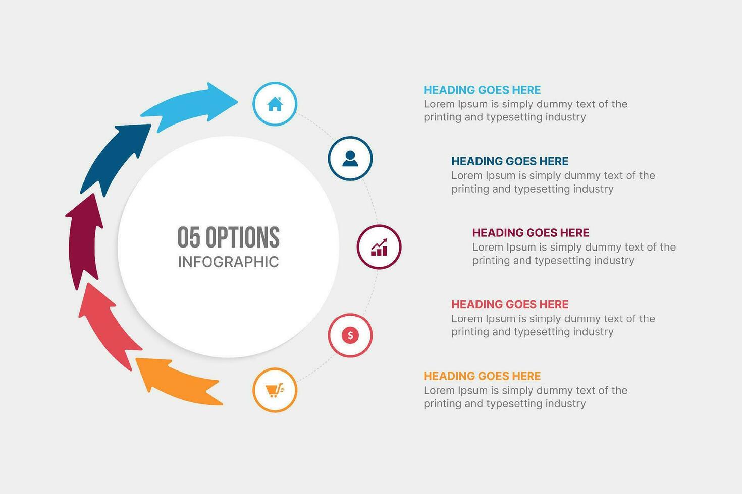 Créatif flèches cycle infographie modèle conception avec 5 pas les options vecteur