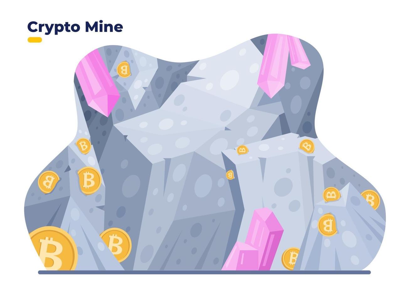 illustration plate de vecteur de mine de crypto. concept de mine de bitcoin numérique. illustration de concept de grotte de mine crypto. peut être utilisé pour le Web, la page de destination, l'application, la présentation, l'animation graphique, l'animation, etc.