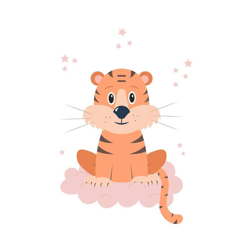 le tigre mignon est assis sur le nuage rose. illustration de concept de vecteur de pépinière. parfait pour la chambre de bébé, l'impression, la carte de voeux ou l'affiche.