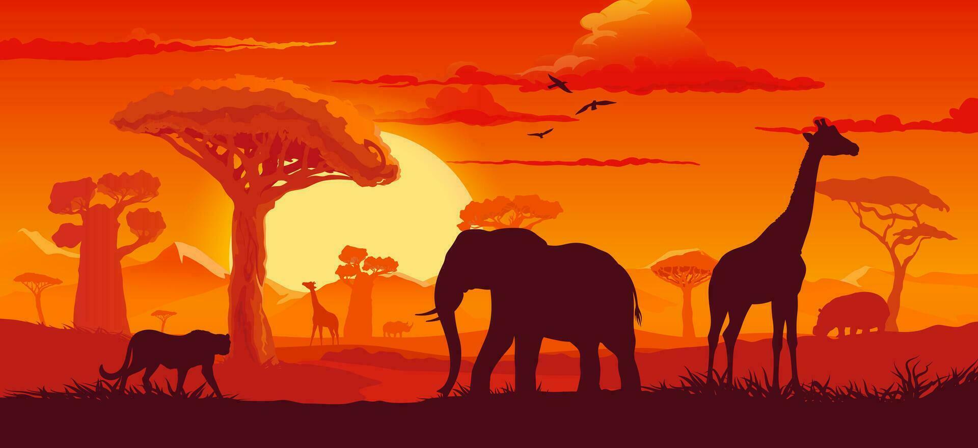 africain le coucher du soleil paysage avec animaux silhouettes vecteur